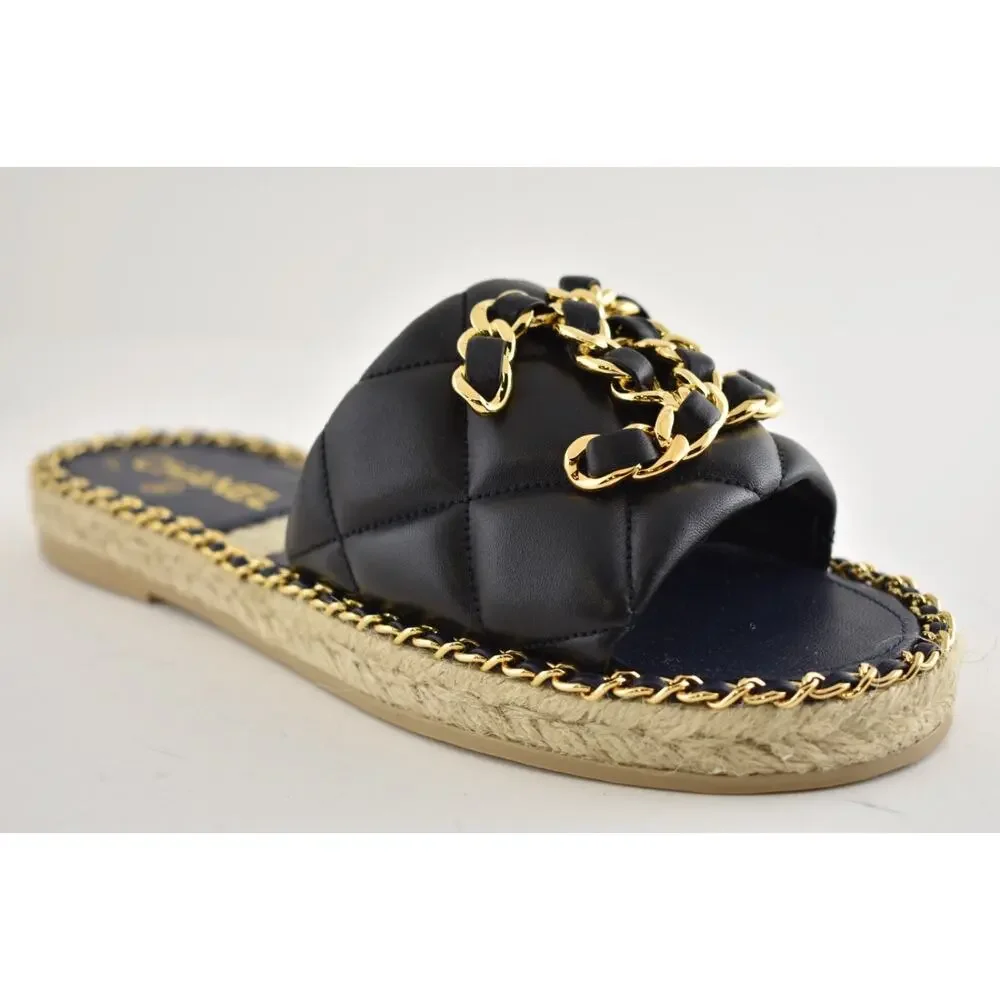 Chanel 25P Black Quilted Leather Chain CC Logo Slide Sandal Espadrille Flat 35